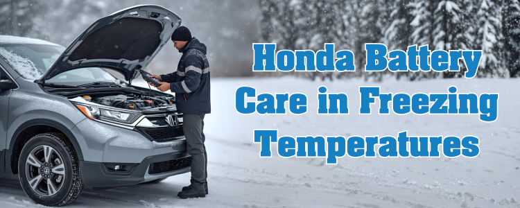 Technician testing a Honda vehicle battery outdoors in freezing winter conditions with snow on the vehicle.