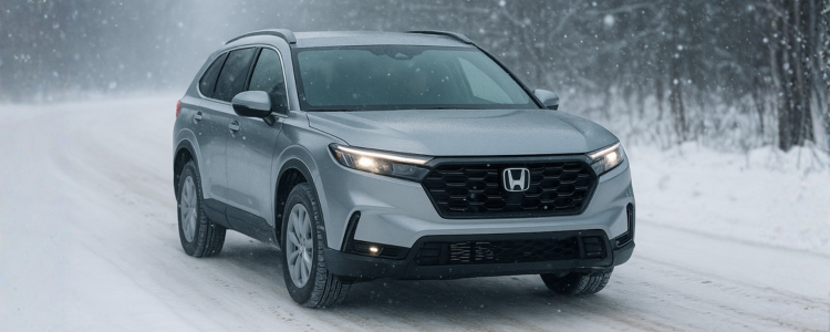 A silver Honda CR-V driving on a snow-covered road during active snowfall, showcasing its winter handling and all-wheel drive capability