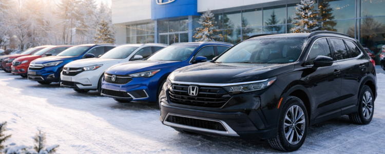 Honda vehicles parked at a dealership in winter, representing the best models to consider in the new year.