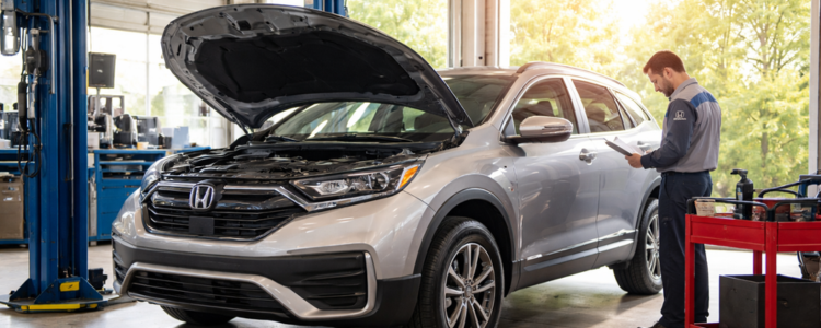 Honda vehicle in Honda City service bay with spring sunlight coming through open garage doors.
