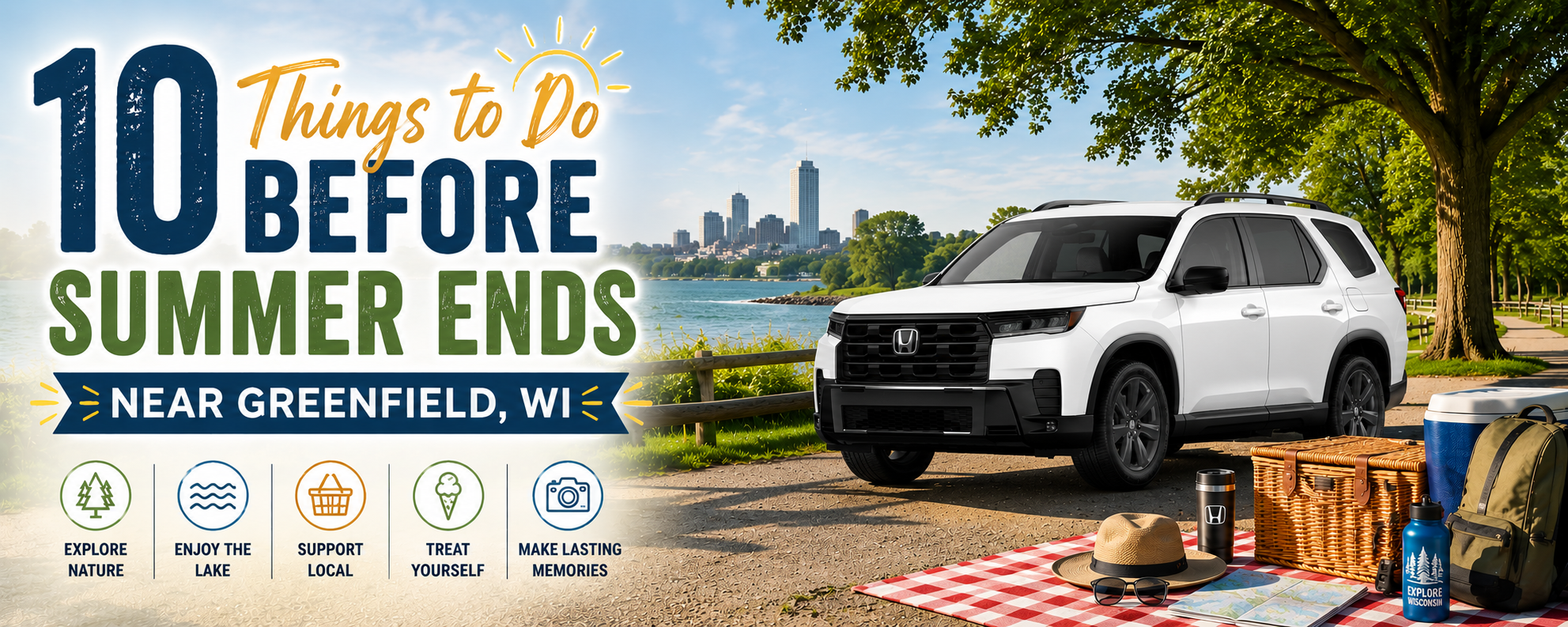 White Honda Pilot parked beside a lakeside park with picnic gear, trees, and a city skyline in the background.
