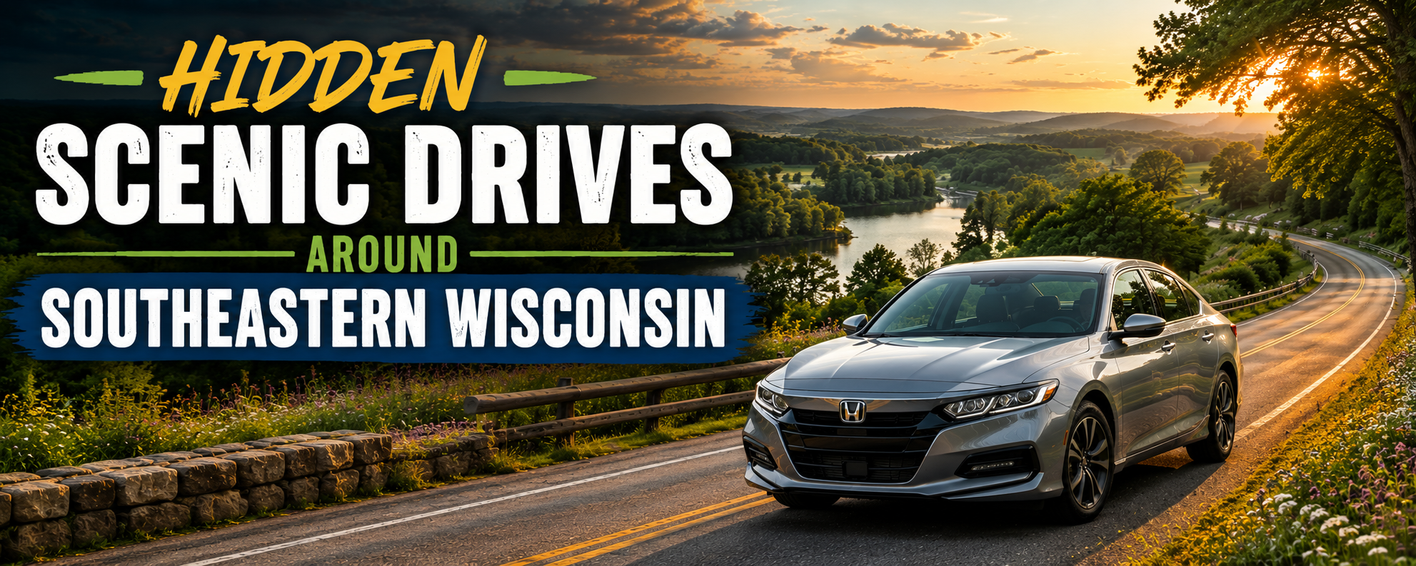 Honda Accord driving on a winding road through rolling hills with trees and wildflowers on a summer evening.