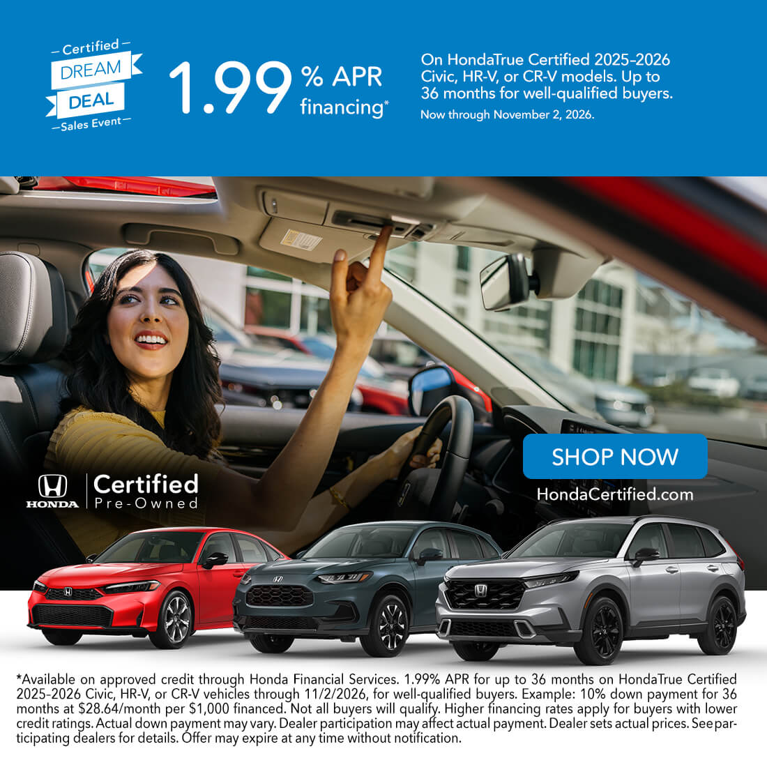Alt text: Honda Certified Pre-Owned Dream Deal Sales Event offering 4.99% APR financing on select 2020–2022 Honda vehicles.
