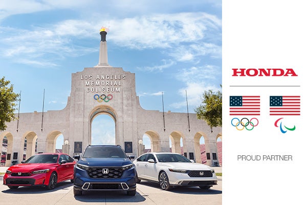 Honda cars at LA Memorial Coliseum with Olympic partner logo