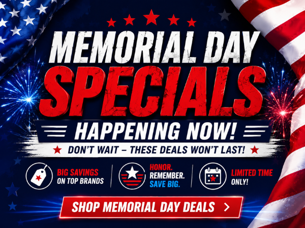 Memorial Day specials banner with patriotic sale graphics.